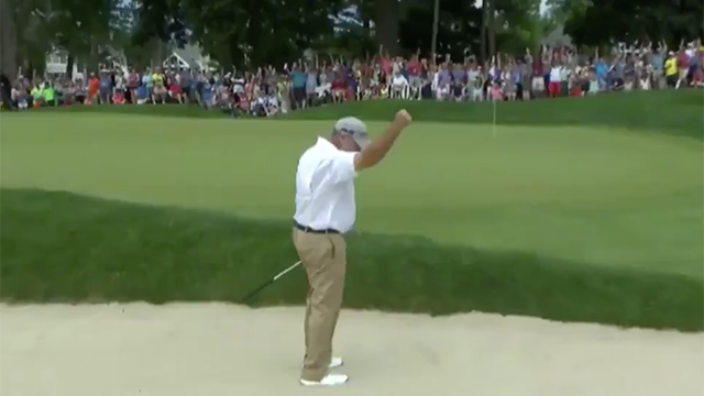 Watch Boo Weekley hole out of the bunker on 7 at Travelers